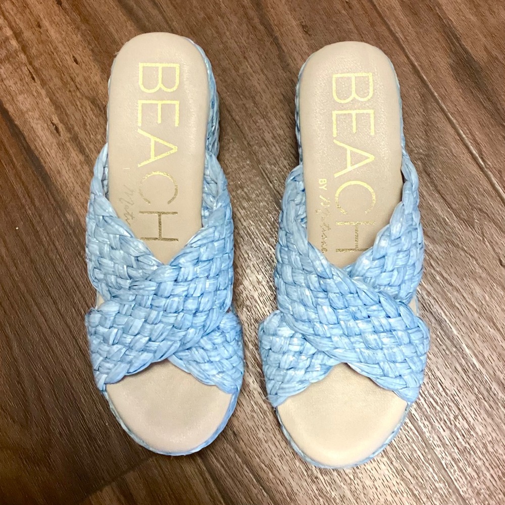 Beach Matisse Sky Blue Woven Raffia Platform Block Heel Slide Sandals Women's 9 - Picture 8 of 8